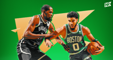 Brooklyn Nets forward Kevin Durant guards Jayson Tatum of the Boston Celtics.