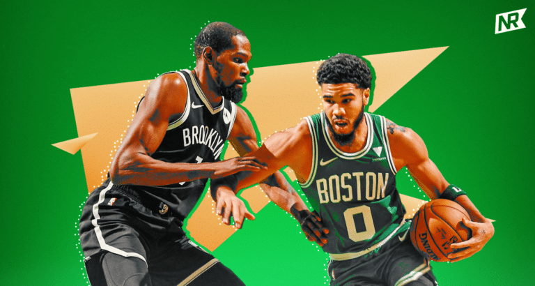 Brooklyn Nets forward Kevin Durant guards Jayson Tatum of the Boston Celtics.