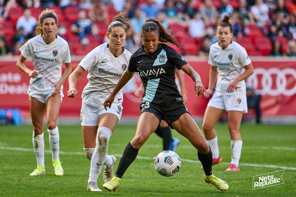 Margaret Purce of Gotham FC controls the ball in the box against NC Courage at Red Bull Arena.