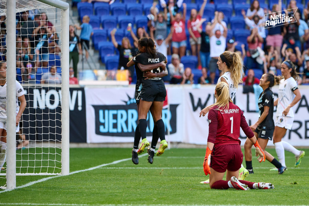 Gotham forward Margaret Purce and Ifeoma Onumonu celebrate after combining for a goal against North Carolina Courage at Red Bull Arena on Sept. 25, 2021.