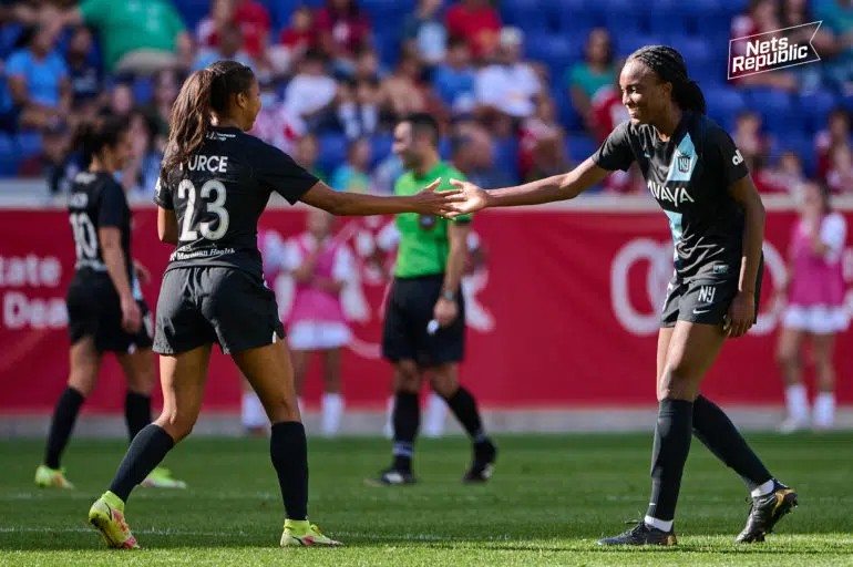 Gotham forward Margaret Purce and Ifeoma Onumonu celebrate after combining for a goal against North Carolina Courage at Red Bull Arena on Sept. 25, 2021.