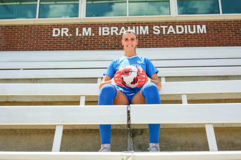 Gotham FC draft pick and goalkeeper Hensley Hancuff poses for a photo at her alma mater Clemson University.