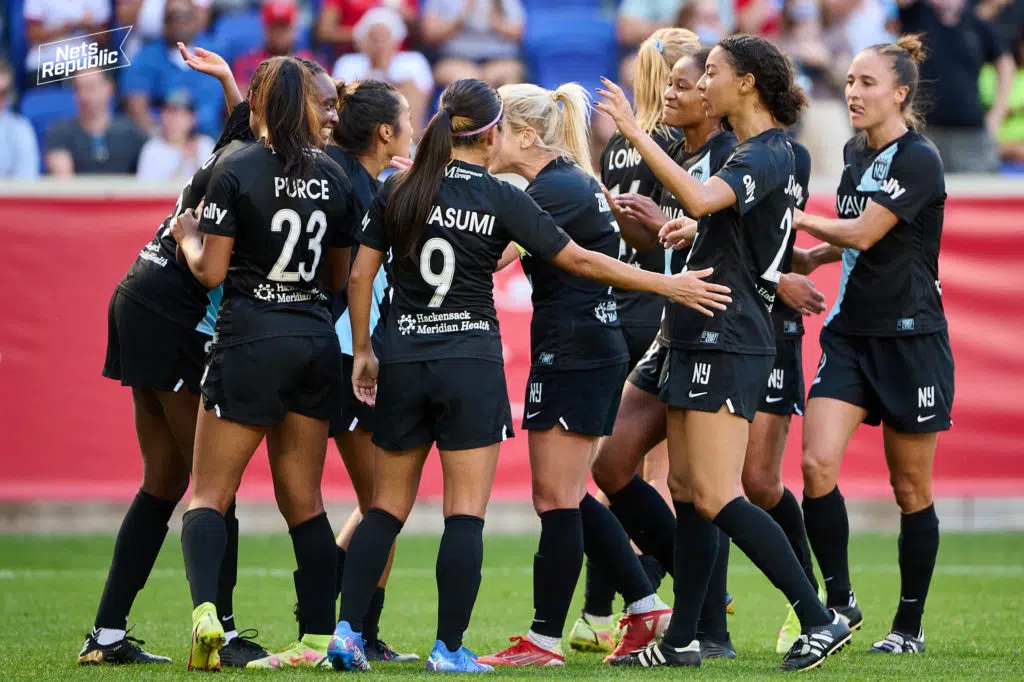 Gotham FC celebrates a goal on September 25, 2021 against the NC Courage at Red Bull Arena