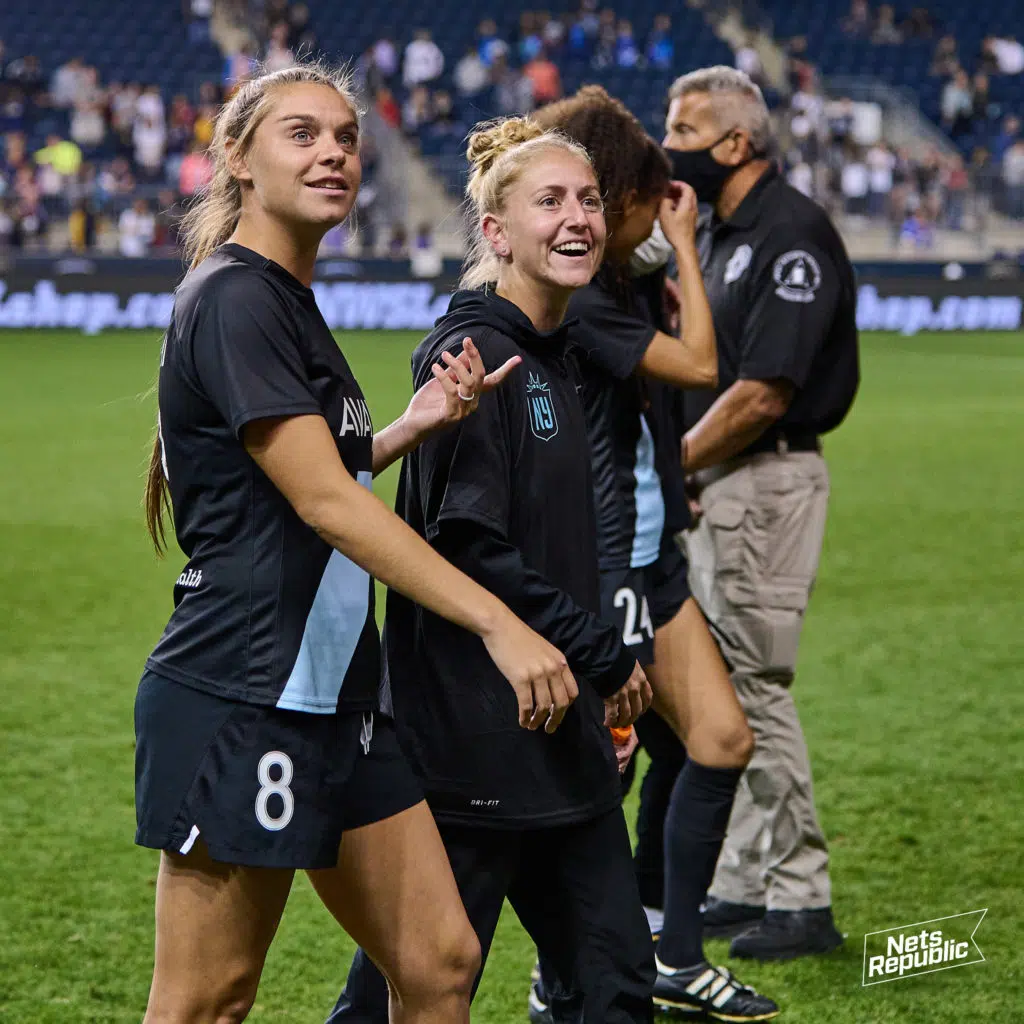 Erica Skroski and Nicole Baxter walk the field at Subaru Park on October 6, 2021 after a match with the Washington Spir