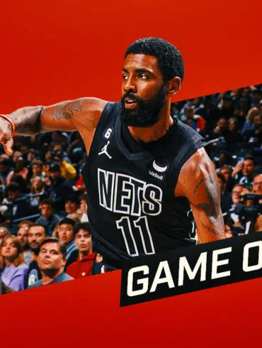 Kyrie Irving on custom Nets Republic graphic for Nets game 2