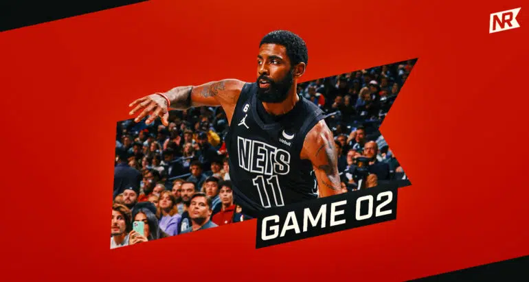 Kyrie Irving on custom Nets Republic graphic for Nets game 2
