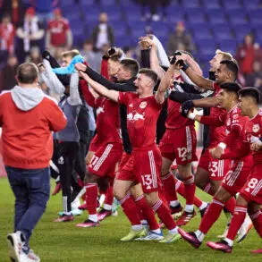 The Red Bulls celebrate their win over Columbus on 3-18 in what turned out to be Gerhard Struber's final win in charge of the club and their only win under him in 2023.