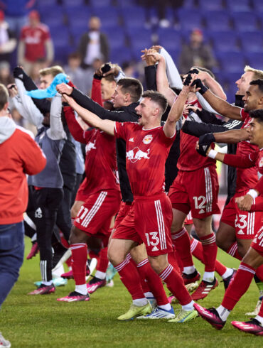 The Red Bulls celebrate their win over Columbus on 3-18 in what turned out to be Gerhard Struber's final win in charge of the club and their only win under him in 2023.