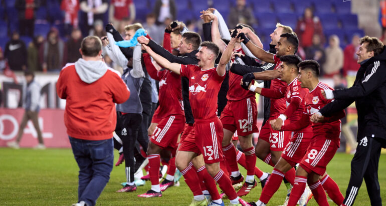 The Red Bulls celebrate their win over Columbus on 3-18 in what turned out to be Gerhard Struber's final win in charge of the club and their only win under him in 2023.