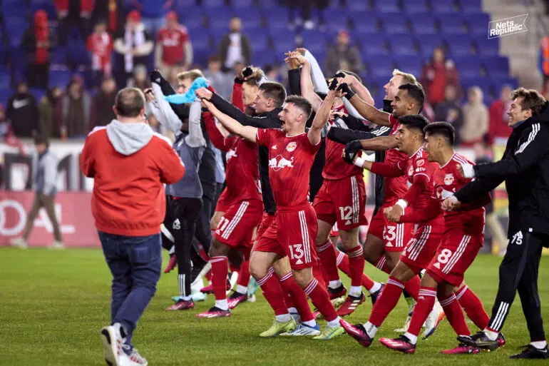 The Red Bulls celebrate their win over Columbus on 3-18 in what turned out to be Gerhard Struber's final win in charge of the club and their only win under him in 2023.