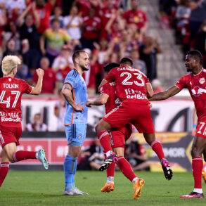 The Red Bulls celebrate Omir Fernandez’s spectacular goal in the 76th minute against NYCFC on Saturday. It would be the game’s only goal as New York held on to win 1-0.