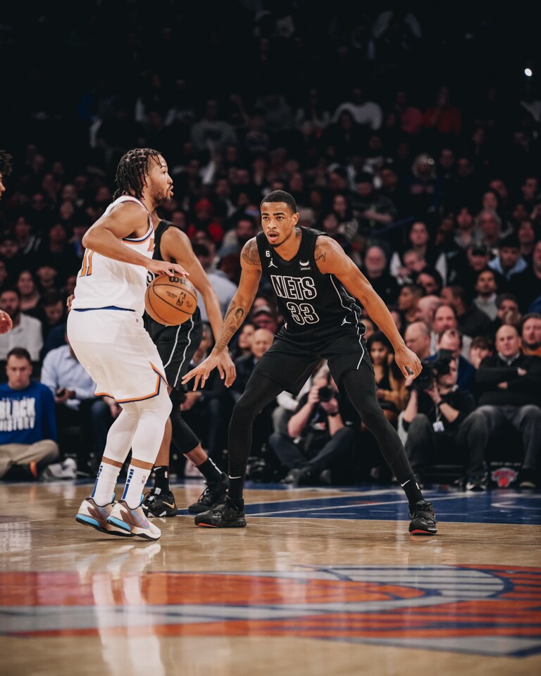 Nicolas Claxton of the Brooklyn Nets and Jalen Brunson of the New York Knicks